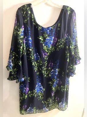 Chico’s Size 3 (Fits 16 or XL) Women's Navy Blue Floral Scoop-Neck Dress